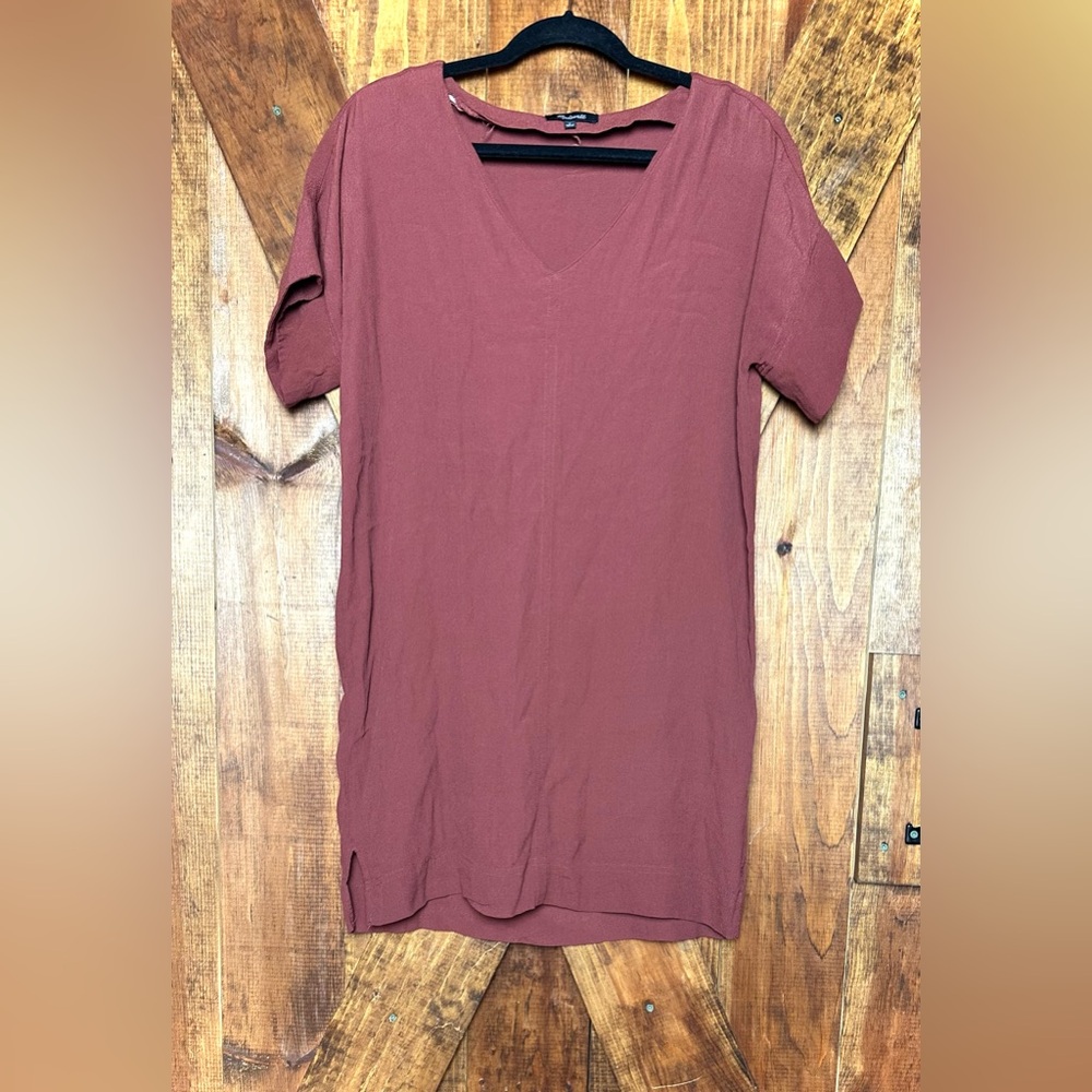 MADEWELL Womens Small Novel Shift Dress V-Neck Burgundy Red Short Sleeve‎